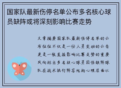 国家队最新伤停名单公布多名核心球员缺阵或将深刻影响比赛走势